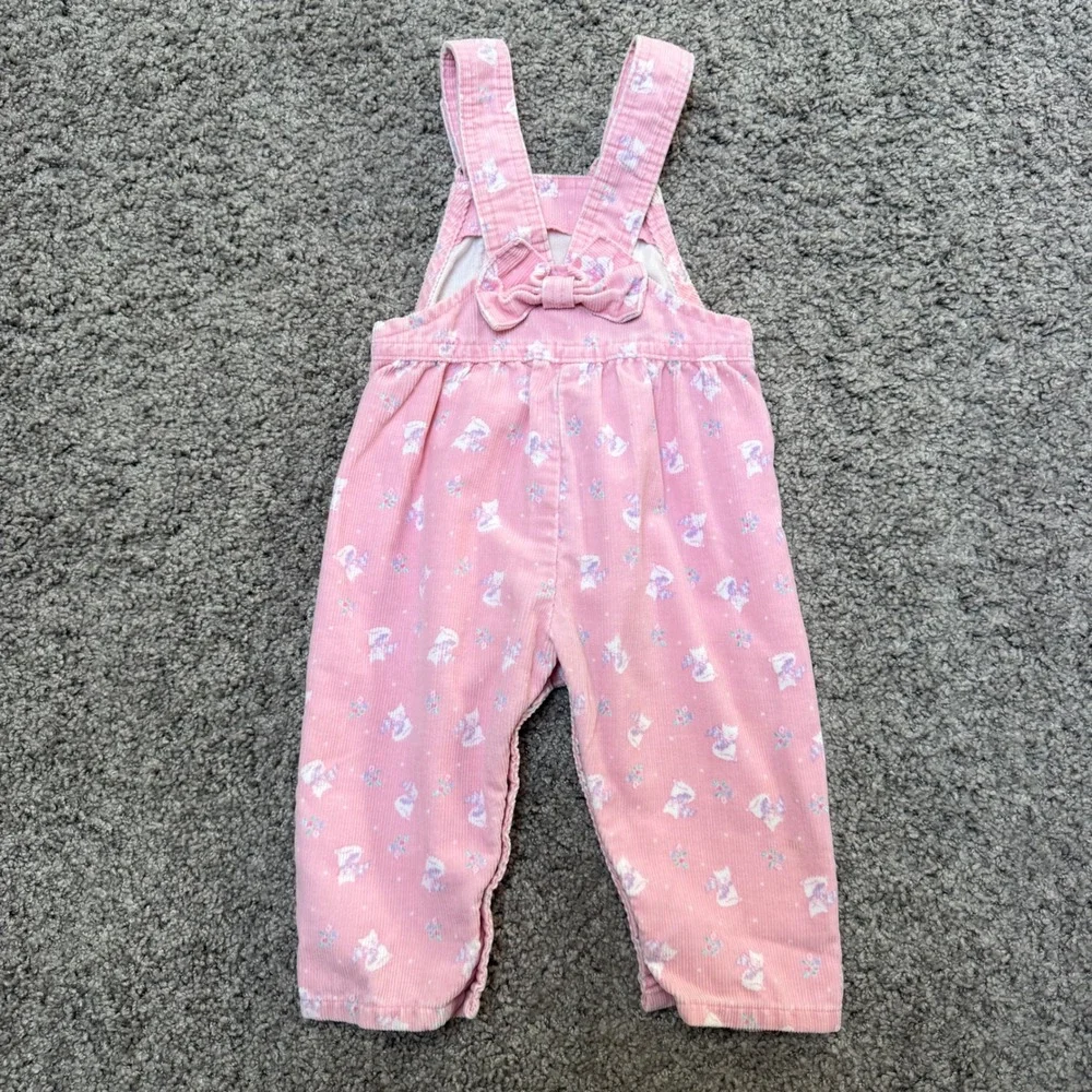 Vintage OshKosh B'gosh Kitten Print Cat Pink Corduroy Overalls Bow Baby Girl 12M
